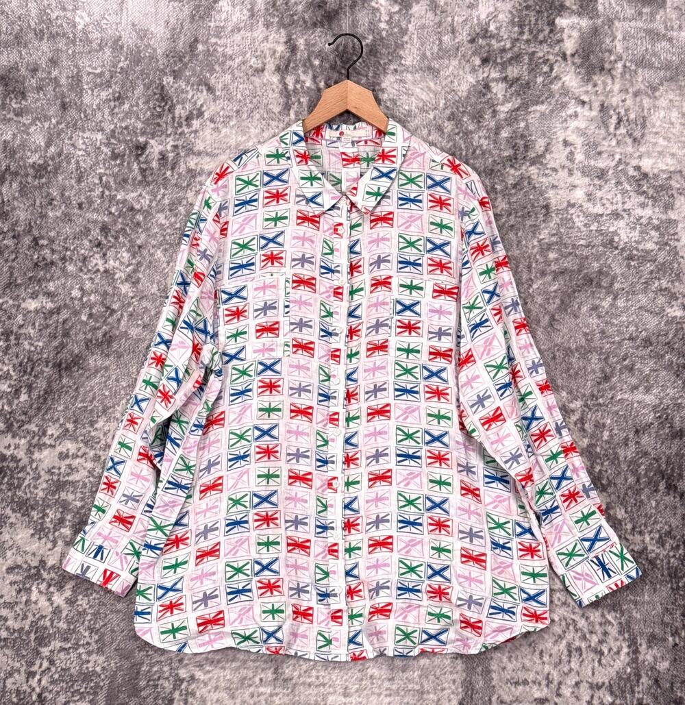 Boden 100% Linen Button Down Shirt Top 18 L Long Womens Flag Print